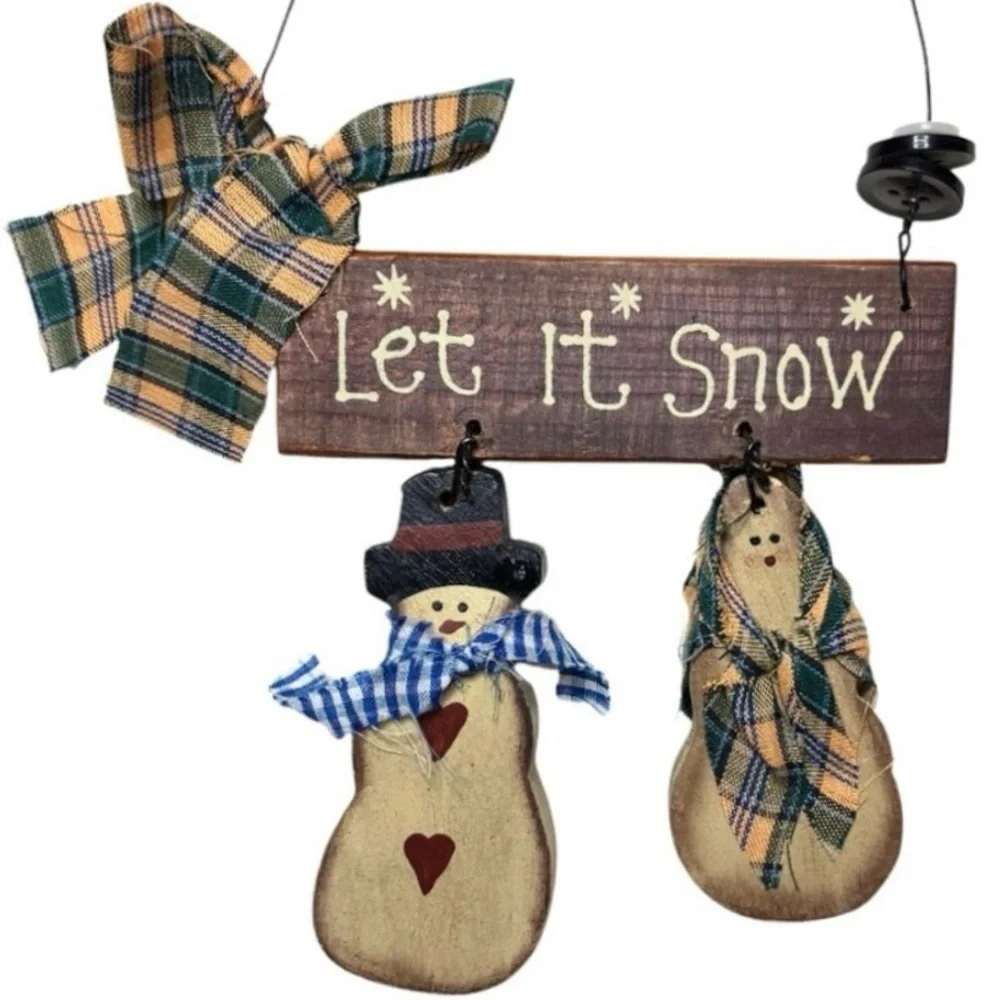 Vintage Snowman Ornaments Let It Snow Hand Painted Wooden Winter Christmas Decor